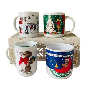 Vintage lot of 4 Whimsical Colorful Christmas Ceramic Mugs